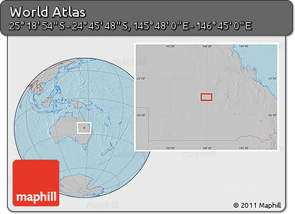 Gray Location Map of the Area around 25° 2' 21" S, 146° 16' 30" E, hill shading