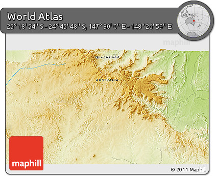 Physical 3D Map of the Area around 25° 2' 21" S, 147° 58' 29" E