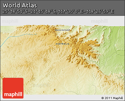 Physical 3D Map of the Area around 25° 2' 21" S, 147° 58' 29" E