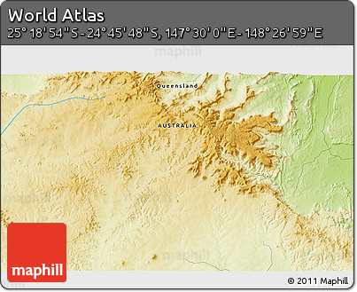Physical 3D Map of the Area around 25° 2' 21" S, 147° 58' 29" E