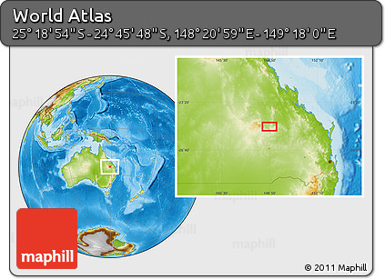 Physical Location Map of the Area around 25° 2' 21" S, 148° 49' 29" E