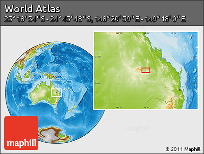 Physical Location Map of the Area around 25° 2' 21" S, 148° 49' 29" E