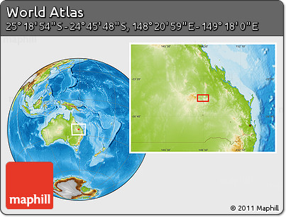 Physical Location Map of the Area around 25° 2' 21" S, 148° 49' 29" E