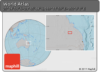 Gray Location Map of the Area around 25° 2' 21" S, 149° 40' 30" E, hill shading