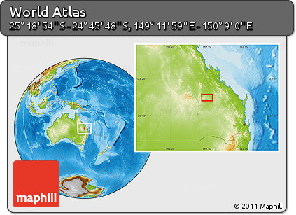 Physical Location Map of the Area around 25° 2' 21" S, 149° 40' 30" E