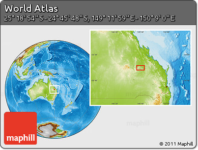 Physical Location Map of the Area around 25° 2' 21" S, 149° 40' 30" E