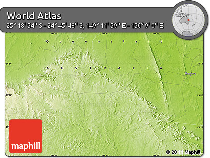 Physical Map of the Area around 25° 2' 21" S, 149° 40' 30" E