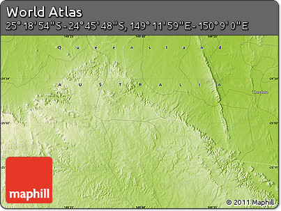 Physical Map of the Area around 25° 2' 21" S, 149° 40' 30" E