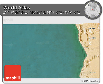 Satellite 3D Map of the Area around 25° 2' 21" S, 14° 31' 30" E