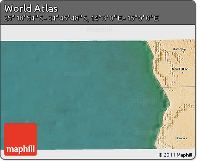 Satellite 3D Map of the Area around 25° 2' 21" S, 14° 31' 30" E