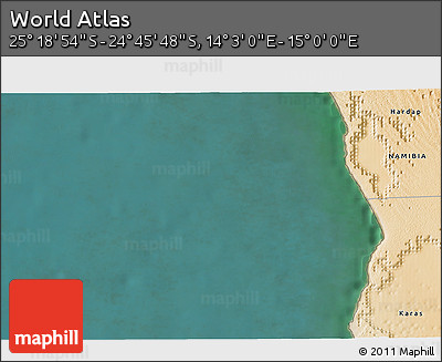 Satellite 3D Map of the Area around 25° 2' 21" S, 14° 31' 30" E