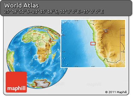 Physical Location Map of the Area around 25° 2' 21" S, 14° 31' 30" E