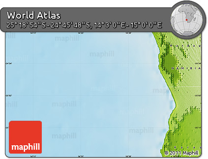 Physical Map of the Area around 25° 2' 21" S, 14° 31' 30" E
