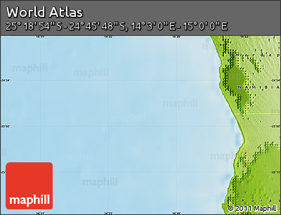 Physical Map of the Area around 25° 2' 21" S, 14° 31' 30" E