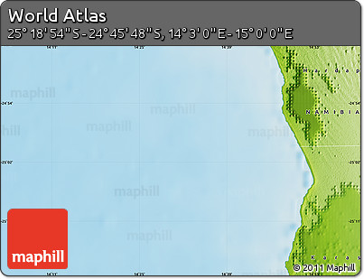 Physical Map of the Area around 25° 2' 21" S, 14° 31' 30" E