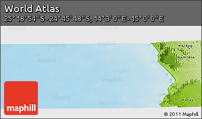 Physical Panoramic Map of the Area around 25° 2' 21" S, 14° 31' 30" E