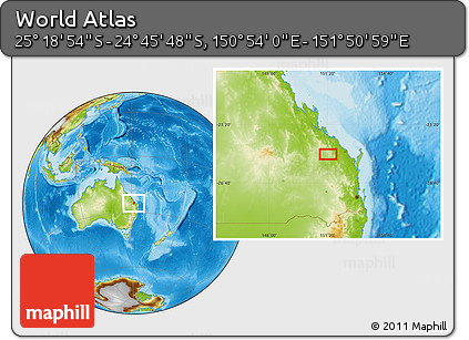Physical Location Map of the Area around 25° 2' 21" S, 151° 22' 30" E