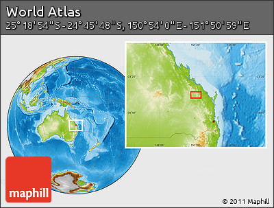 Physical Location Map of the Area around 25° 2' 21" S, 151° 22' 30" E