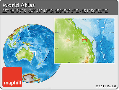 Physical Location Map of the Area around 25° 2' 21" S, 151° 22' 30" E