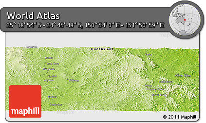 Physical Panoramic Map of the Area around 25° 2' 21" S, 151° 22' 30" E