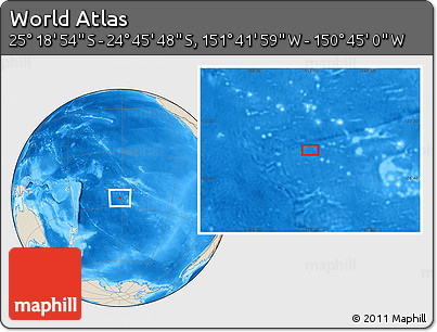 Shaded Relief Location Map of the Area around 25° 2' 21" S, 151° 13' 29" W