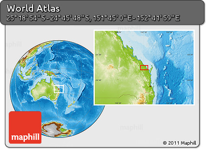 Physical Location Map of the Area around 25° 2' 21" S, 152° 13' 29" E