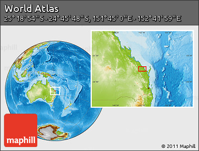 Physical Location Map of the Area around 25° 2' 21" S, 152° 13' 29" E