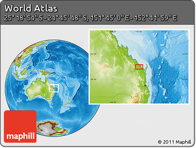 Physical Location Map of the Area around 25° 2' 21" S, 152° 13' 29" E