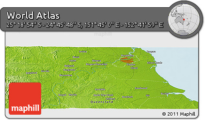 Physical Panoramic Map of the Area around 25° 2' 21" S, 152° 13' 29" E