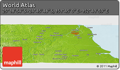 Physical Panoramic Map of the Area around 25° 2' 21" S, 152° 13' 29" E