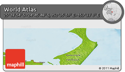 Physical Panoramic Map of the Area around 25° 2' 21" S, 153° 4' 29" E