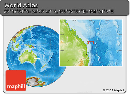 Physical Location Map of the Area around 25° 2' 21" S, 153° 55' 30" E