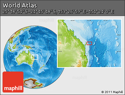 Physical Location Map of the Area around 25° 2' 21" S, 153° 55' 30" E