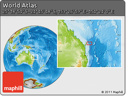 Physical Location Map of the Area around 25° 2' 21" S, 153° 55' 30" E