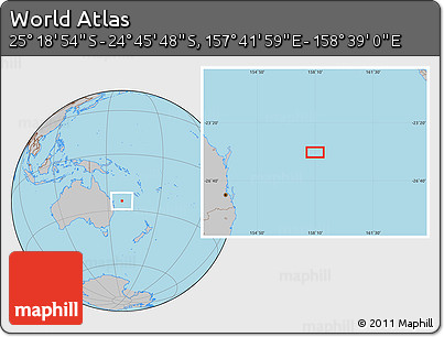 Gray Location Map of the Area around 25° 2' 21" S, 158° 10' 30" E