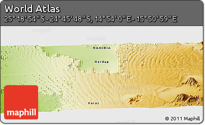 Physical Panoramic Map of the Area around 25° 2' 21" S, 15° 22' 30" E
