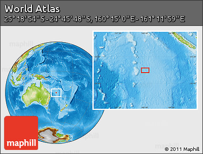 Physical Location Map of the Area around 25° 2' 21" S, 160° 43' 29" E