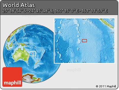 Physical Location Map of the Area around 25° 2' 21" S, 160° 43' 29" E