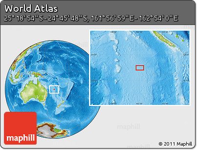 Physical Location Map of the Area around 25° 2' 21" S, 162° 25' 30" E
