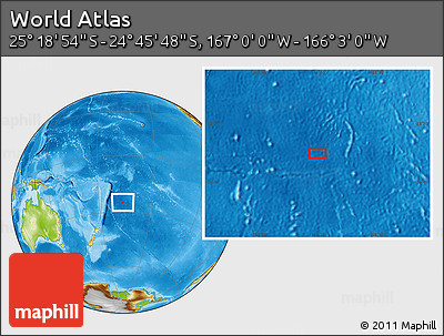 Physical Location Map of the Area around 25° 2' 21" S, 166° 31' 30" W