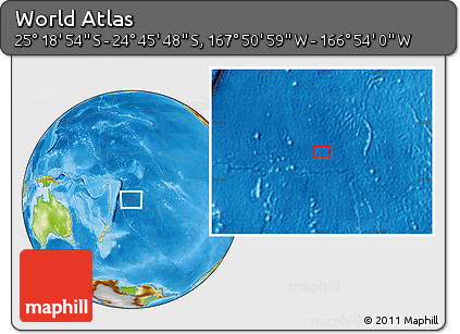 Physical Location Map of the Area around 25° 2' 21" S, 167° 22' 30" W