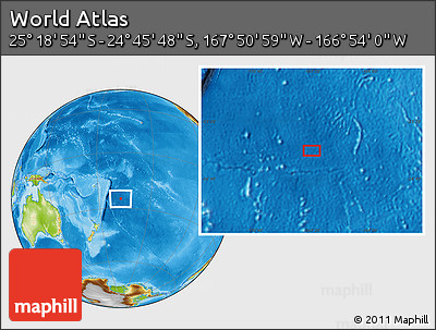 Physical Location Map of the Area around 25° 2' 21" S, 167° 22' 30" W