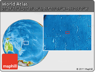 Physical Location Map of the Area around 25° 2' 21" S, 167° 22' 30" W
