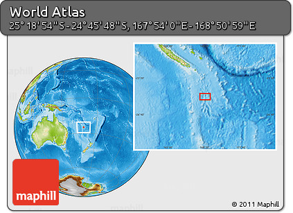 Physical Location Map of the Area around 25° 2' 21" S, 168° 22' 30" E