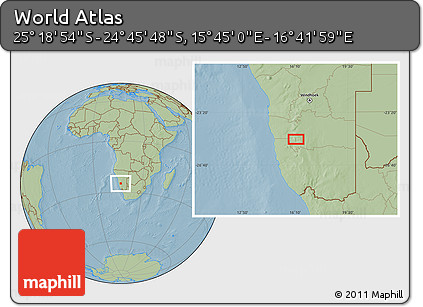 Savanna Style Location Map of the Area around 25° 2' 21" S, 16° 13' 30" E, hill shading
