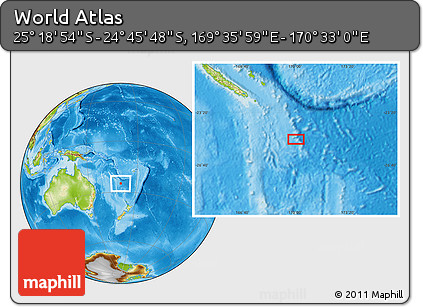 Physical Location Map of the Area around 25° 2' 21" S, 170° 4' 29" E