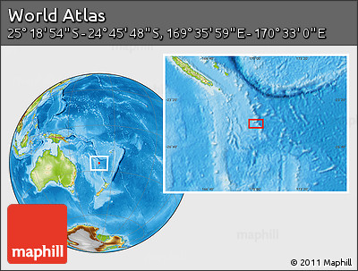 Physical Location Map of the Area around 25° 2' 21" S, 170° 4' 29" E