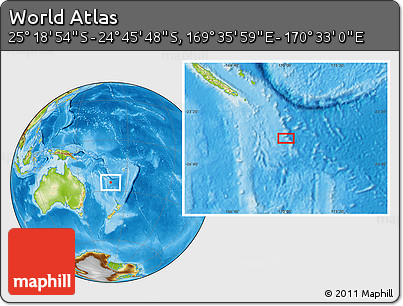 Physical Location Map of the Area around 25° 2' 21" S, 170° 4' 29" E