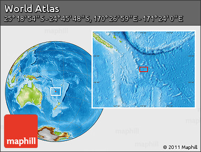 Physical Location Map of the Area around 25° 2' 21" S, 170° 55' 30" E
