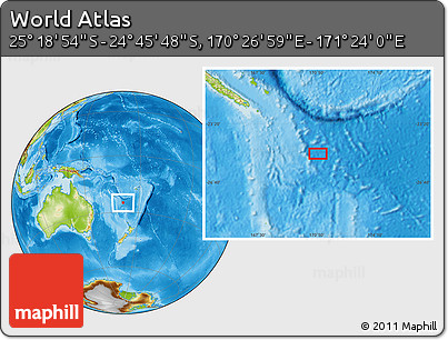 Physical Location Map of the Area around 25° 2' 21" S, 170° 55' 30" E